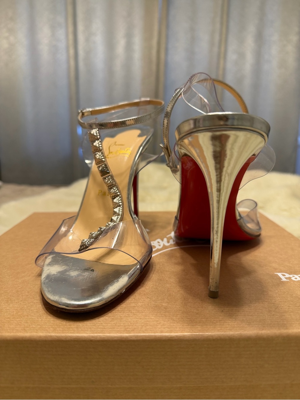 Christian Louboutin Silver Metallic PVC and Crystal T-Strap Sandals